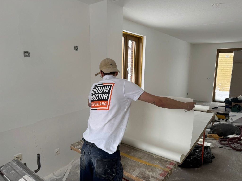 Vakman van Bouwsector Nederland zet een baan renovatiebehang tegen de wand